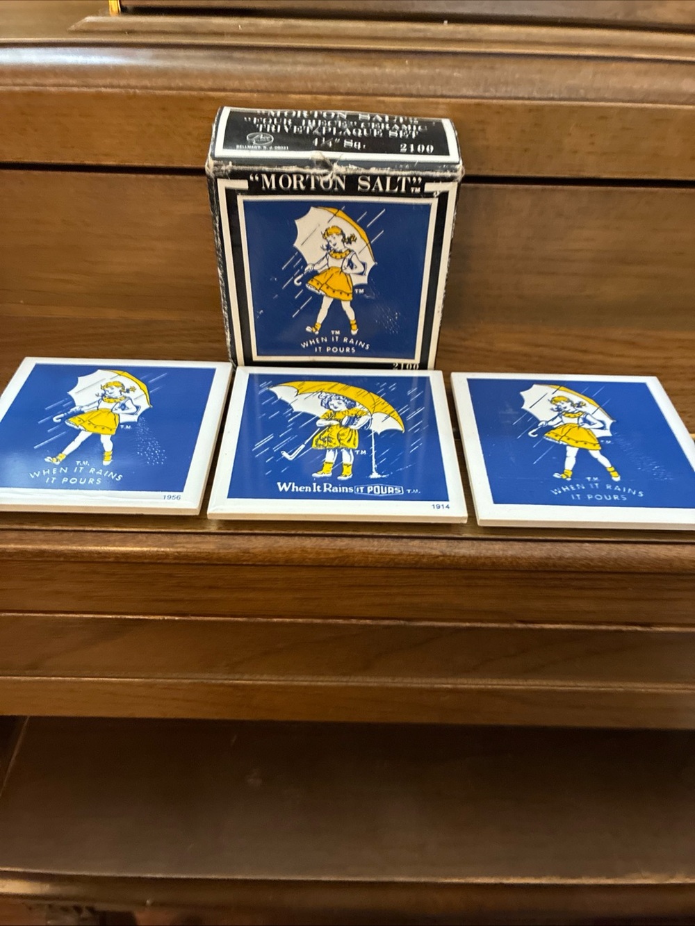 Morton Salt Three Piece Ceramic Trivet Coaster Plaque Set 2100 Vintage 1956 1914